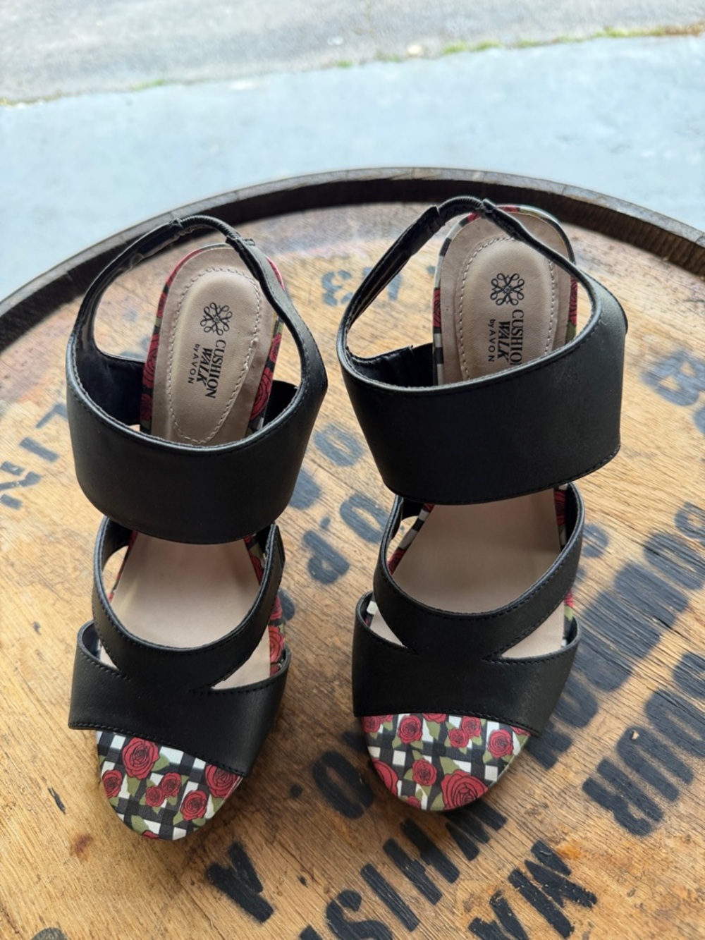 Avon Black Strappy Heels with Rose-Print Toe